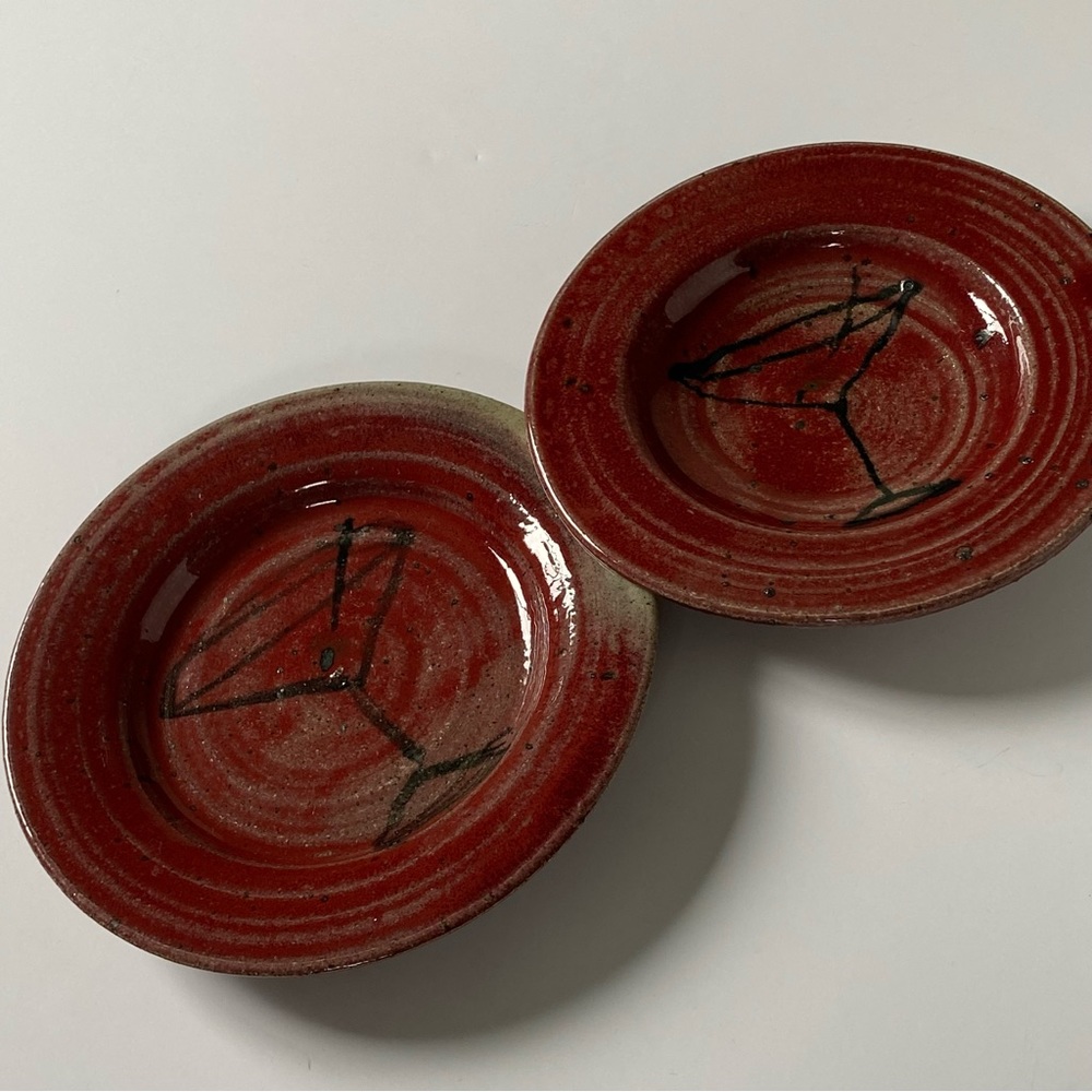 Pottery Hand Thrown Studio Plates Set of 2 with Martini Glass Burgundy Red EUC